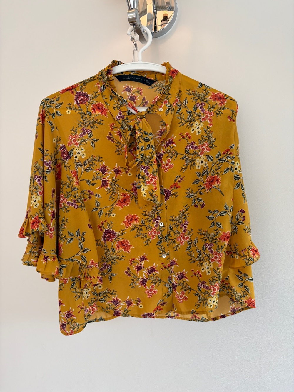 Zara Mustard Floral Tie-Neck Blouse